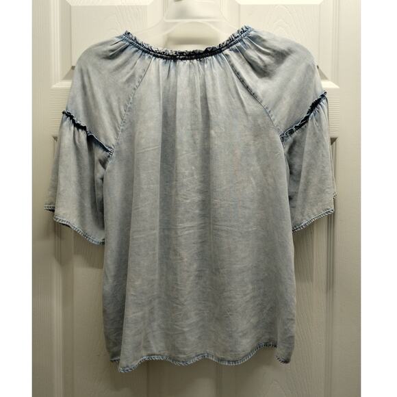 Jane + Delancey Size Small Top Blue Super Soft Lyocell Chambray Tie Neck Popover - Picture 2 of 7